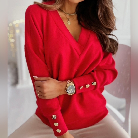 Emily V-Neck Sweatshirt - Red - Picture 3 of 5